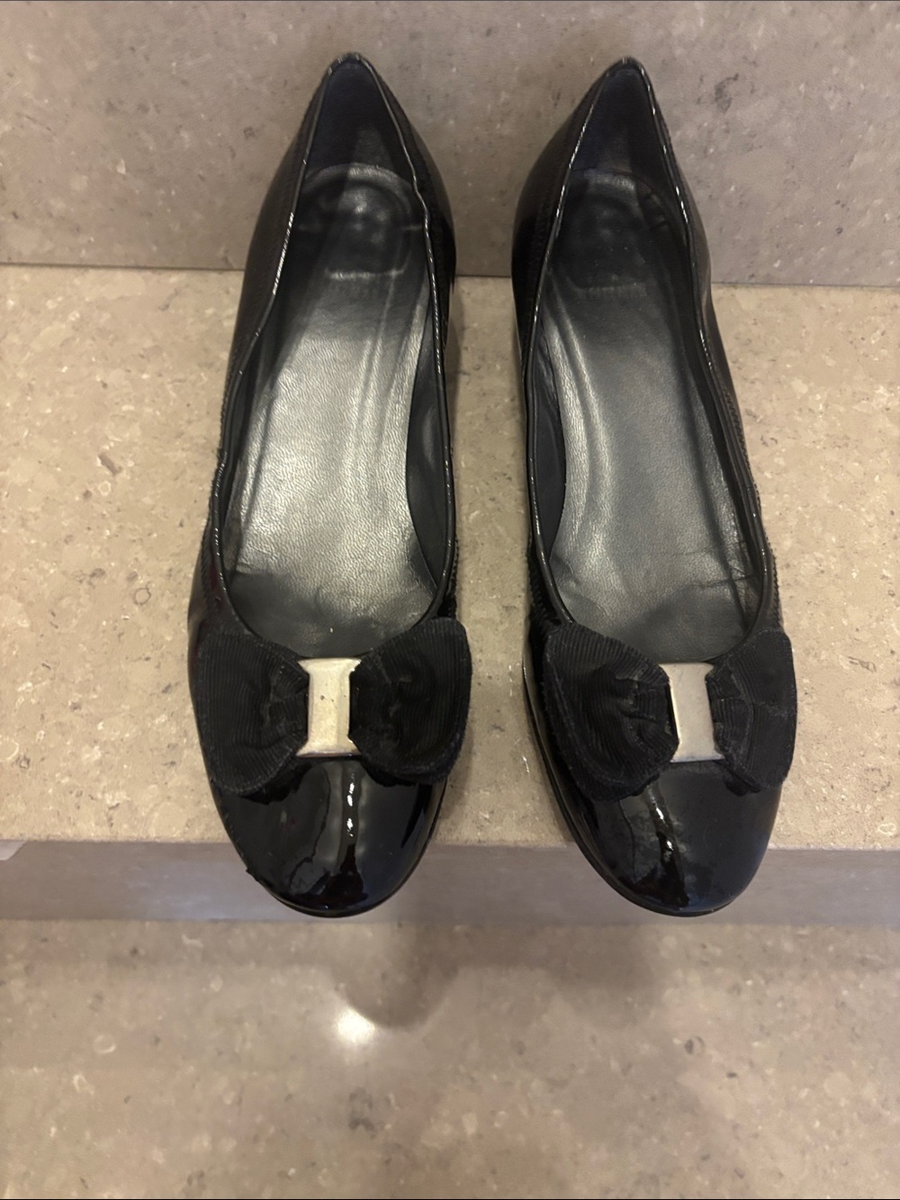 Stuart Weitzman Black Patent Bow-Trim Flats